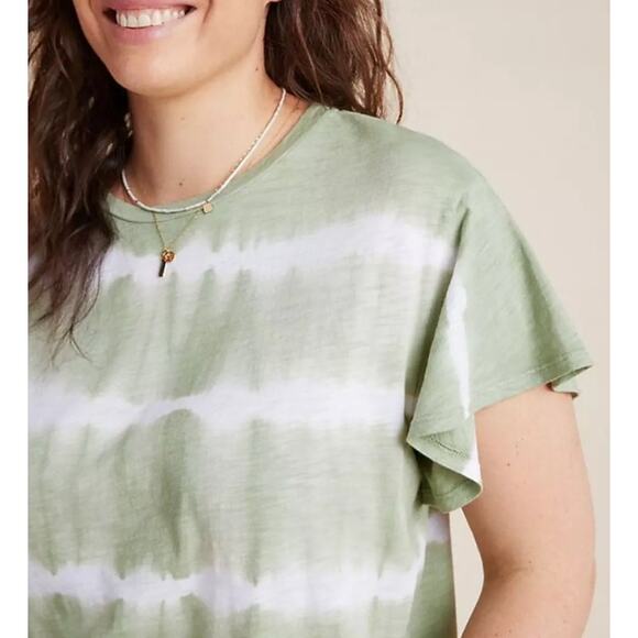 T. LA Green & White Tie Die Cotton Blend Flutter Sleeve Tee Shirt Women's Small - Picture 5 of 7